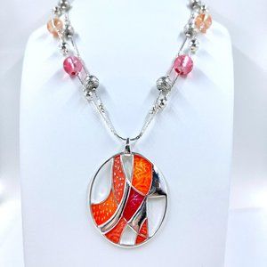 NWOT - Orange & Coral Pendant Glass Beaded Shiny Silver Tone 18” Necklace